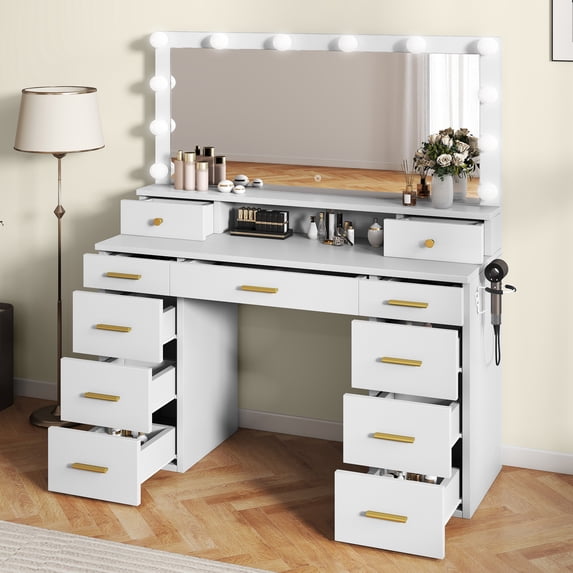 Uforic Large White Vanity Desk with LED Mirror & Power Outlets, Makeup Table with 11 Drawers and 3 Lighting Modes for Bedroom and Dressing Room