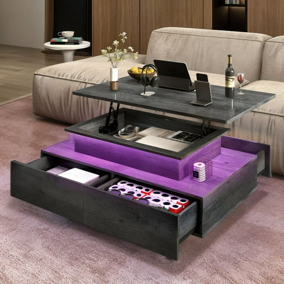 Uforic Lift Top LED Coffee Table, Smart Center Table with 4 Drawers, Gray