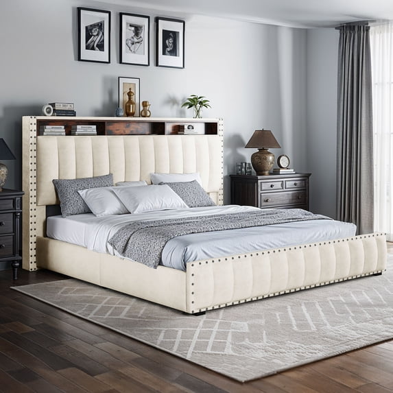 Uforic Lift Up Bed Frame with Storage & LED Lights, Upholtered Bed with Power Outlets, King, Beige