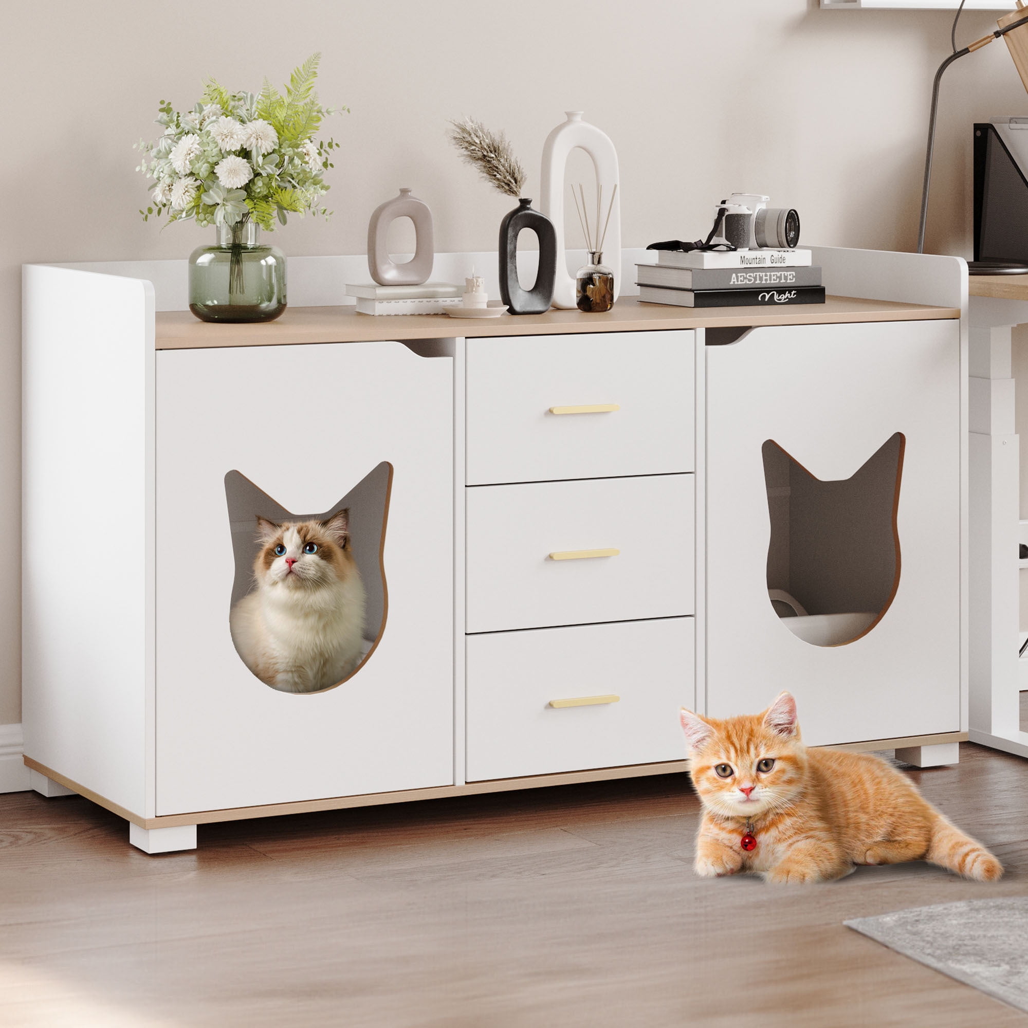 Uforic Litter Box Furniture with 2 Rooms, Wood Cat Litter Box Enclosure Cabinet with Drawer, White