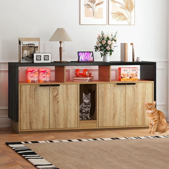 Uforic Litter Box Furniture with LED Light, Power Outlet for 2 Cats, Wooden Long Cat Litter Box Enclosure with Double Room