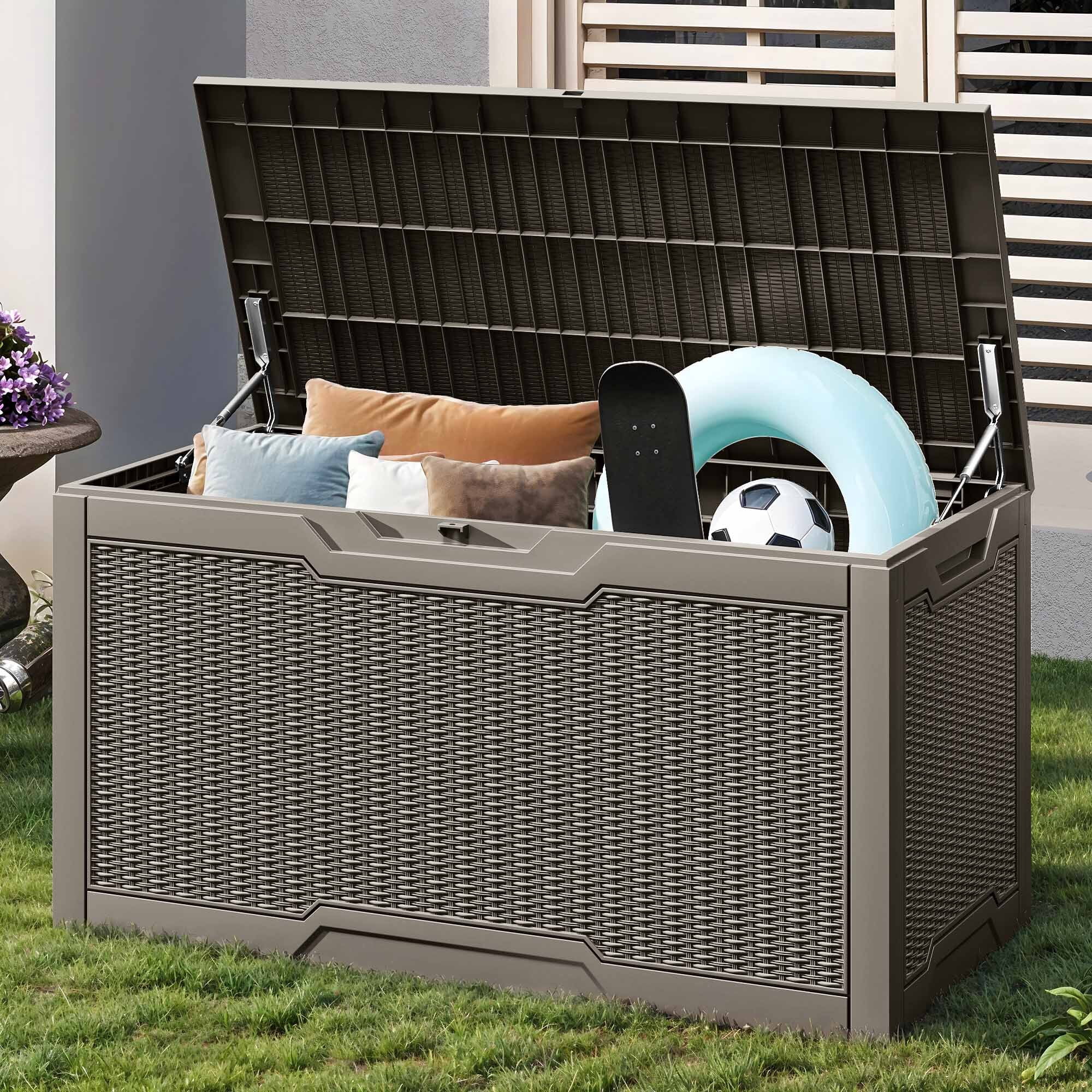Uforic Lockable 100 Gallon Resin Deck Box, Heavy-Duty Weather Resistant Outdoor Storage Chest, Versatile Storage Solution for Patio Accessories and Daily Essentials,Light Brown
