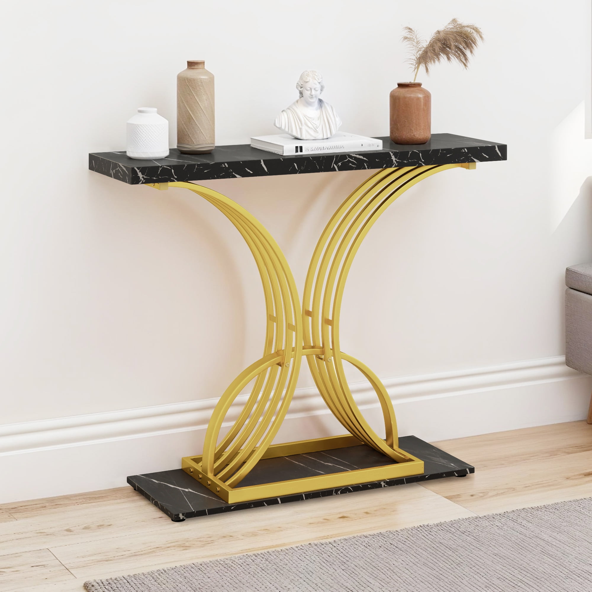 Uforic Luxury Console Entryway Table with Metal Base, Sofa Side Table, Black & Gold