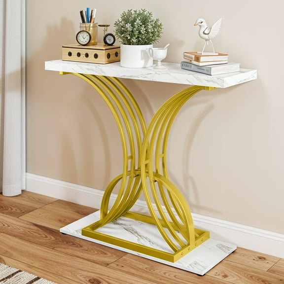 Uforic Luxury Console Entryway Table with Metal Base, Sofa Side Table, White & Gold