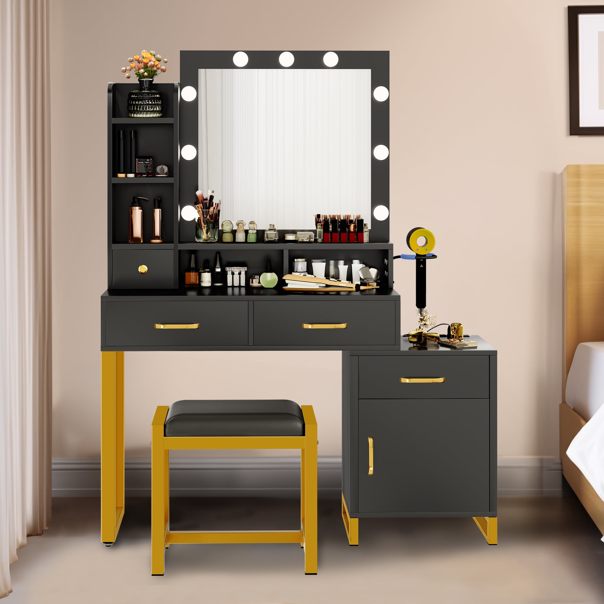 Uforic Black Makeup Vanity Desk with Adjustable Lighting Mirror and Charging Station