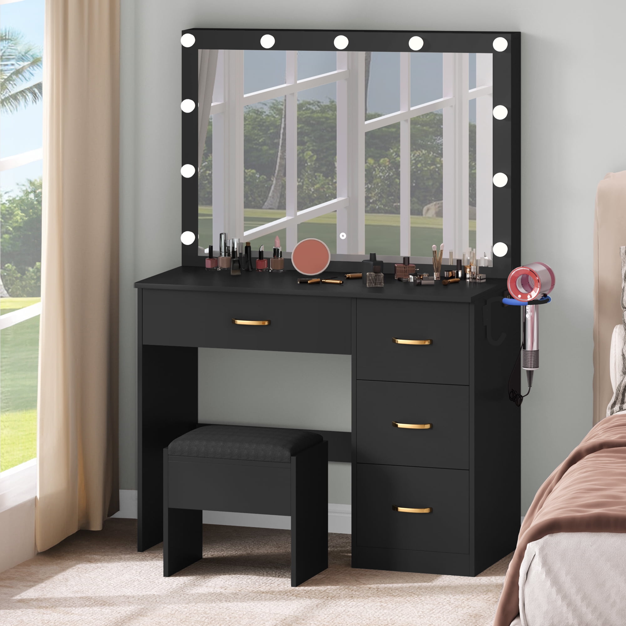 Uforic Makeup Vanity with Built-in Charging Station, Vanity Mirror with Adjustable Lighting, Spacious Vanity Desk with Storage Shelves, 3 Lighting Color Options, Black