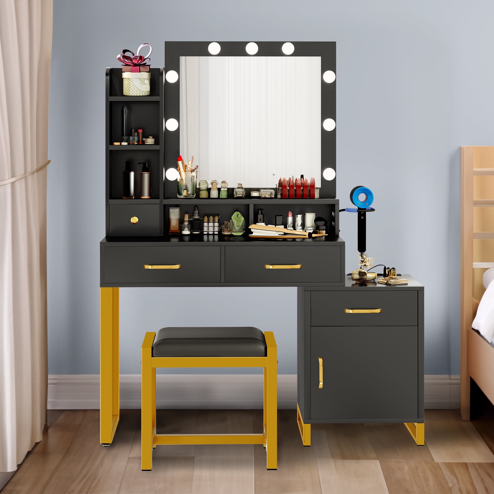 Uforic Makeup Vanity with Built-in Charging Station, Vanity Mirror with Adjustable Lighting, Spacious Vanity Desk with Storage Shelves, 3 Lighting Color Options, Black