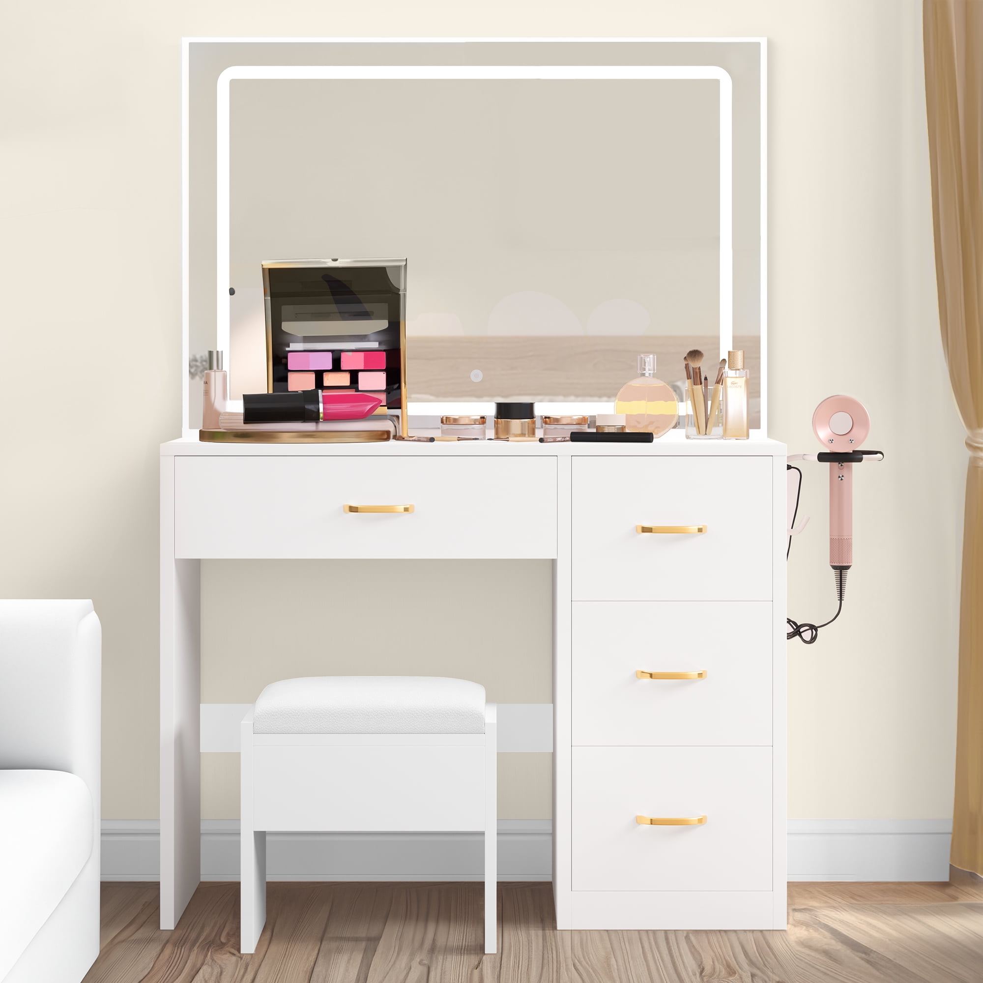 Uforic Makeup Vanity Desk with Large Lighted Mirror and Storage, 4 Drawer Vanity Table with Cushioned Stool, Milky White