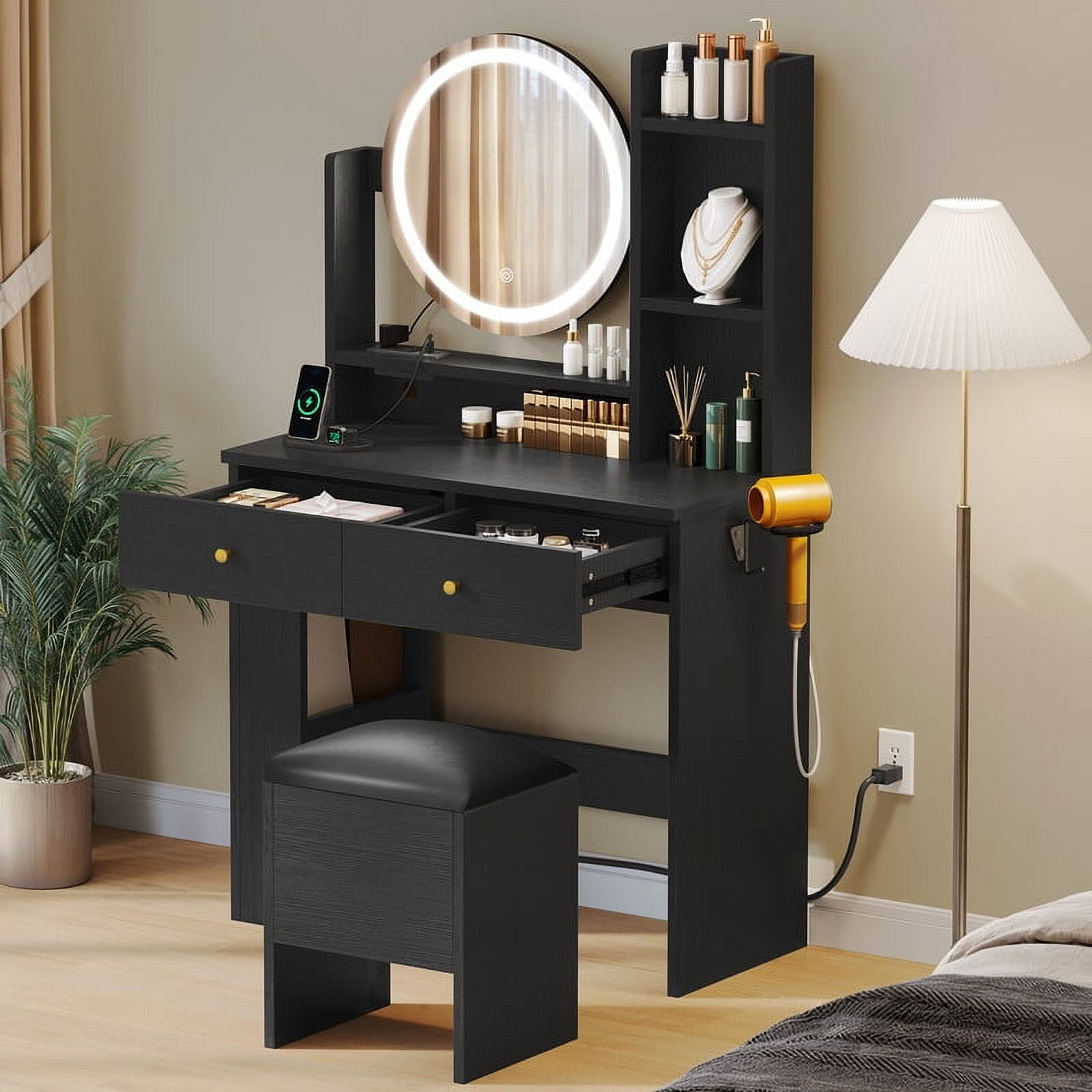 Uforic Makeup Vanity Desk with Lighted Mirror & Charging Station, Makeup Vanity Table Set with 2 Drawers, Small Dressing Table with Cushioned Stool for Girls Bedroom, Black