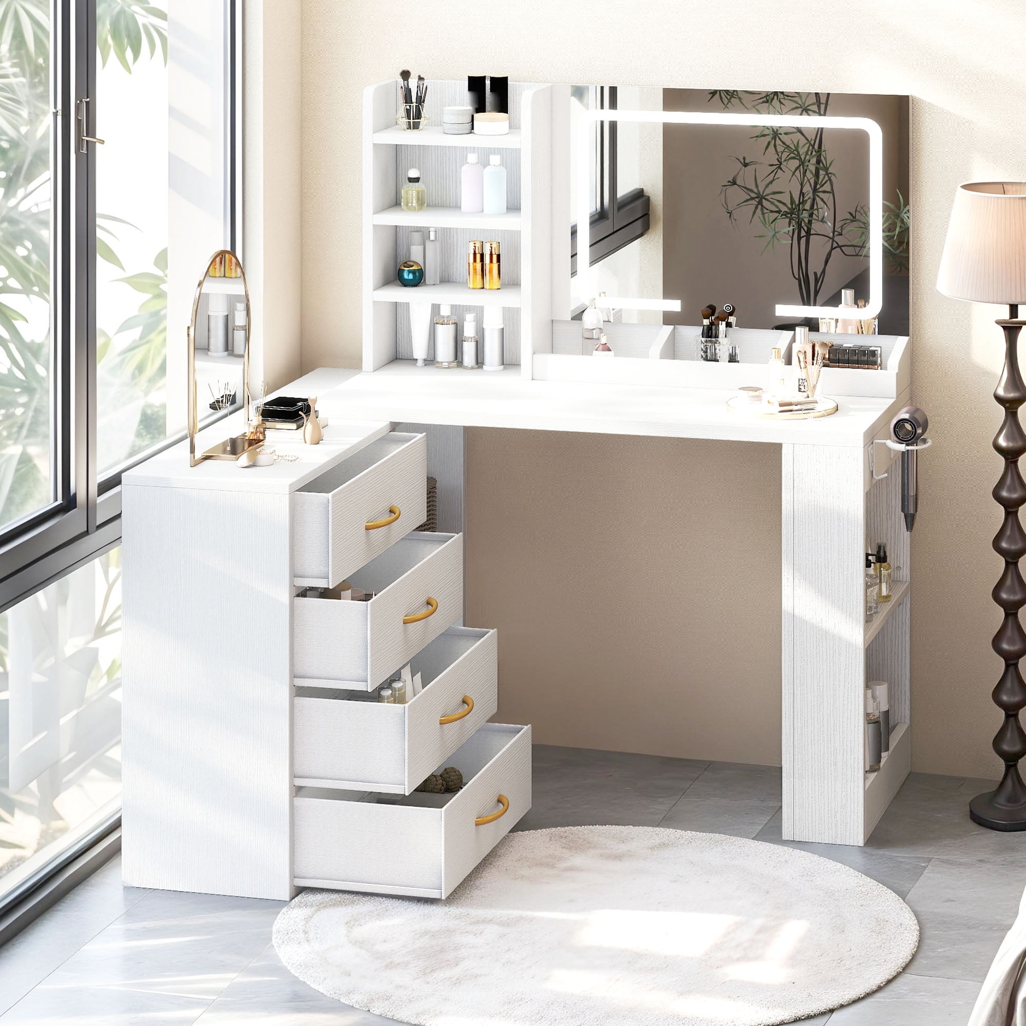 Uforic Makeup Vanity Desk with Mirror, 3 Lighting Modes, Charging Station, Storage Cabinet