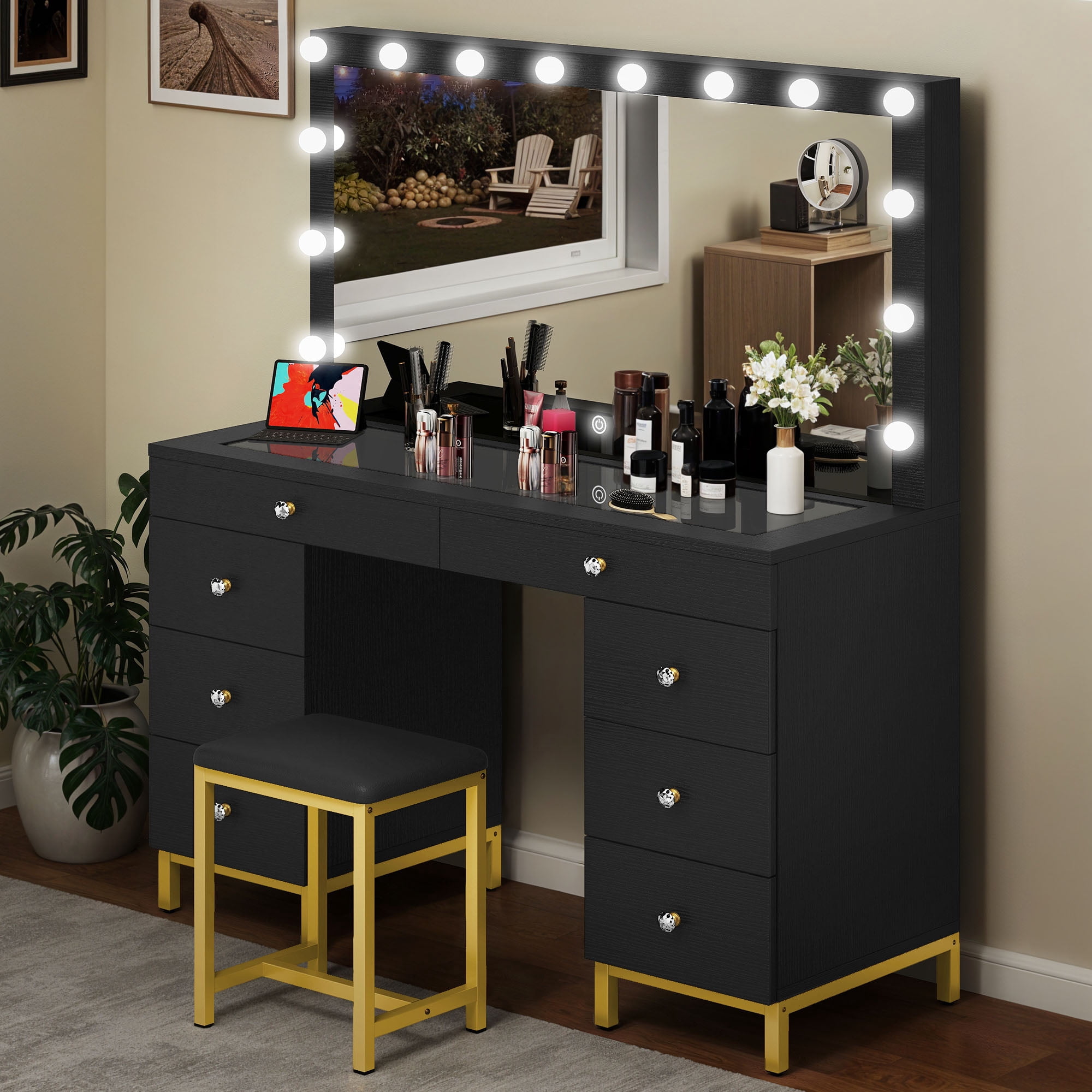 Uforic Makeup Vanity Desk with Glass Top, Lights (14 LED Bulbs), Charging Station,Makeup Dressing Table Set with Stool & 8 Drawers - Black