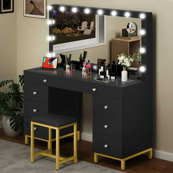 Uforic Makeup Vanity Desk with Glass Top, Lights (14 LED Bulbs), Charging Station,Makeup Dressing Table Set with Stool & 8 Drawers - Black