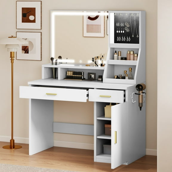 Uforic Makeup Vanity Desk with LED Mirror and Power Outlet, White