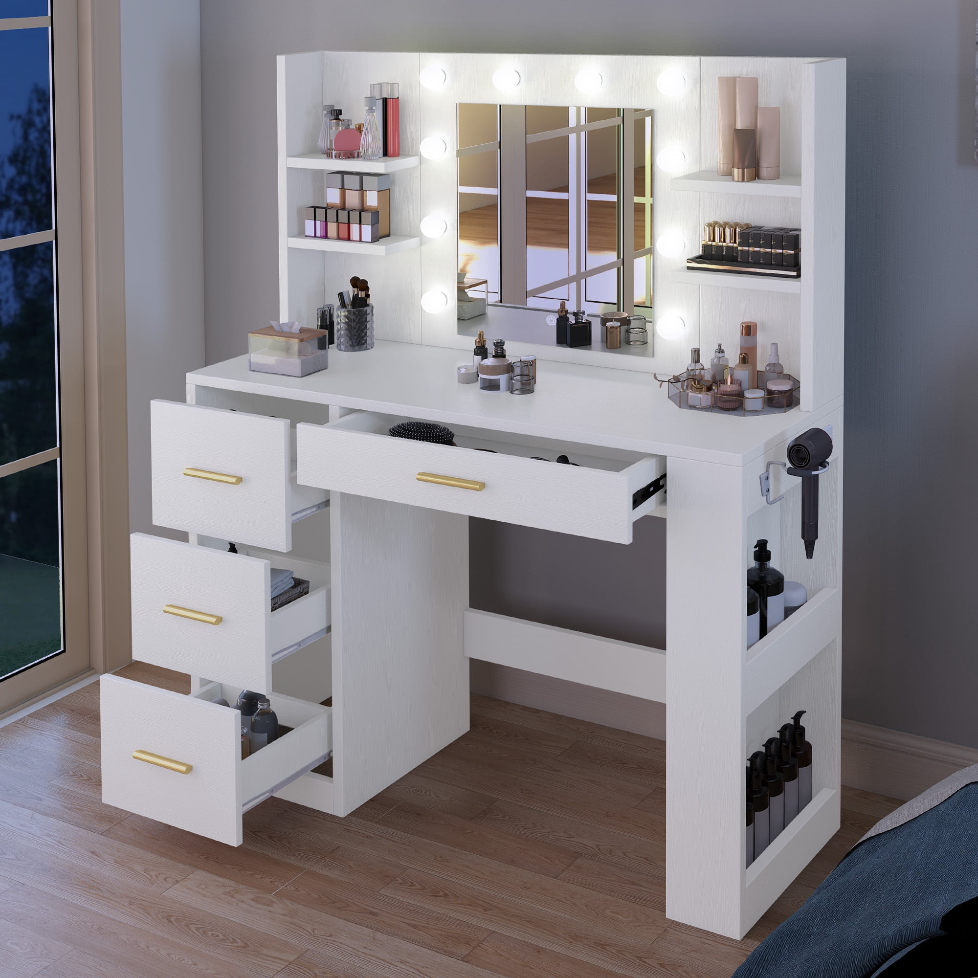 Uforic Makeup Vanity Desk with Mirror & 10 Lights, Vanity Desk with Power Outlet, 4 Drawers & 8 Storage Shelves - White