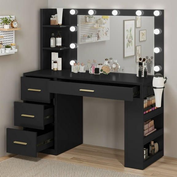 Uforic Makeup Vanity Desk with Mirror & Lights, Vanity Desk with 4 Drawers & Storage Shelves - Black