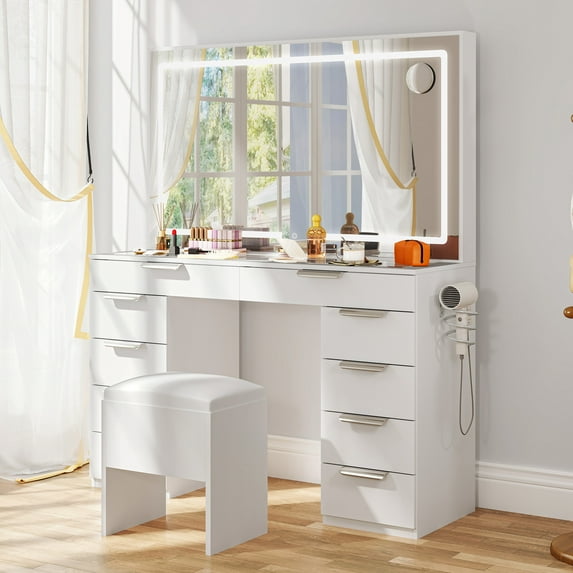 Uforic Makeup Vanity Dressers With Mirror, 10-Drawer Set, White Finish