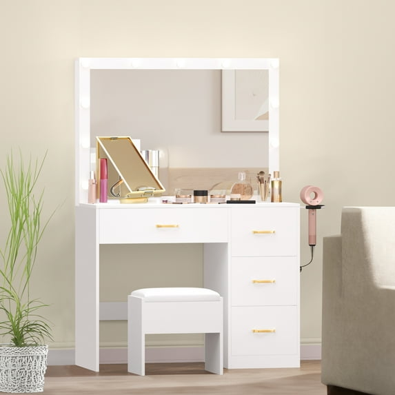 Uforic Large Makeup Vanity Ensemble with Illuminated Mirror, Adjustable Lighting, and Ample Storage