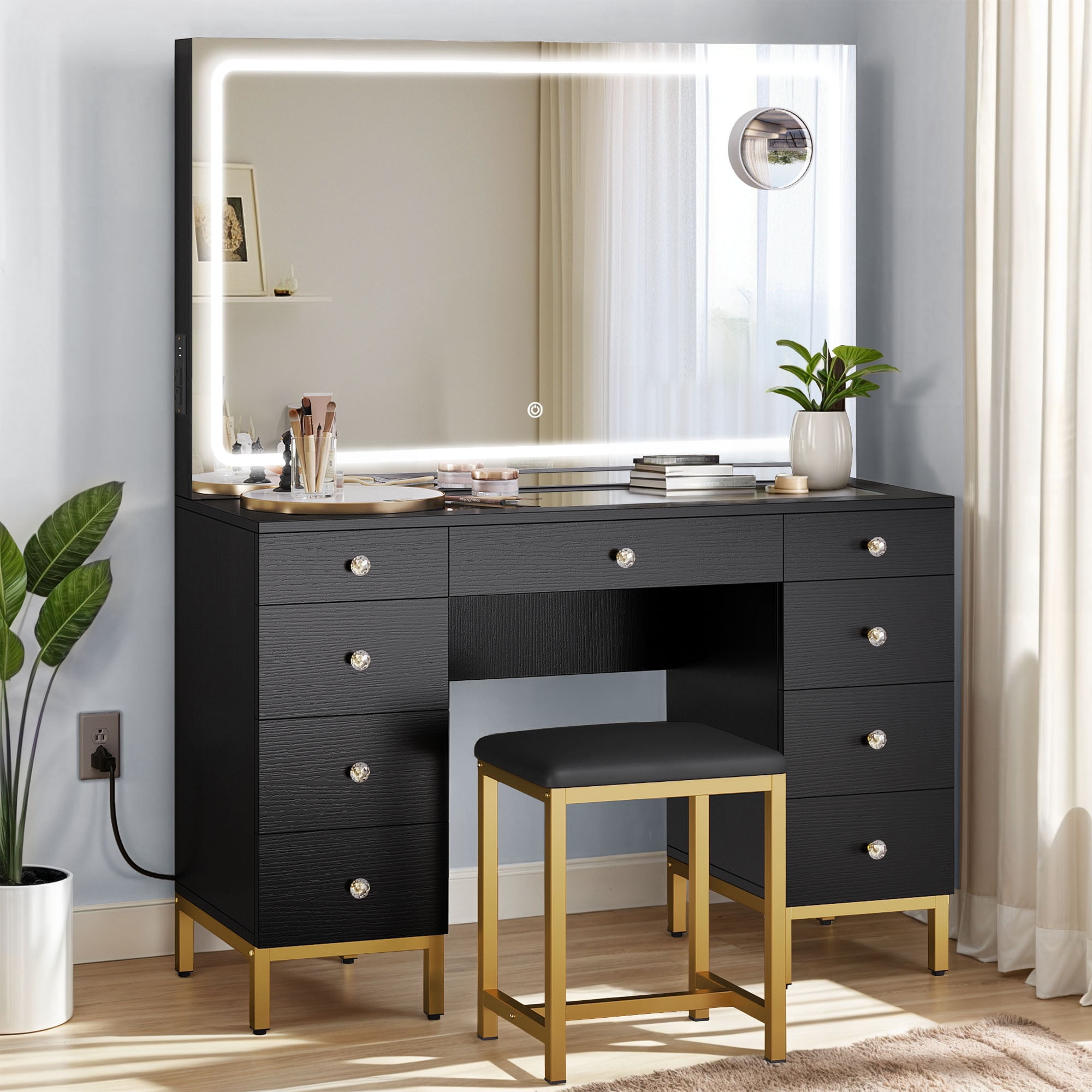 Uforic Makeup Vanity Set with 3 Color Lighted Mirror & Charging Station & Stool, Modern Vanity Desk Dressing Table with 9 Drawers & Magnifying Glass for Bedroom for Women Girls,Black