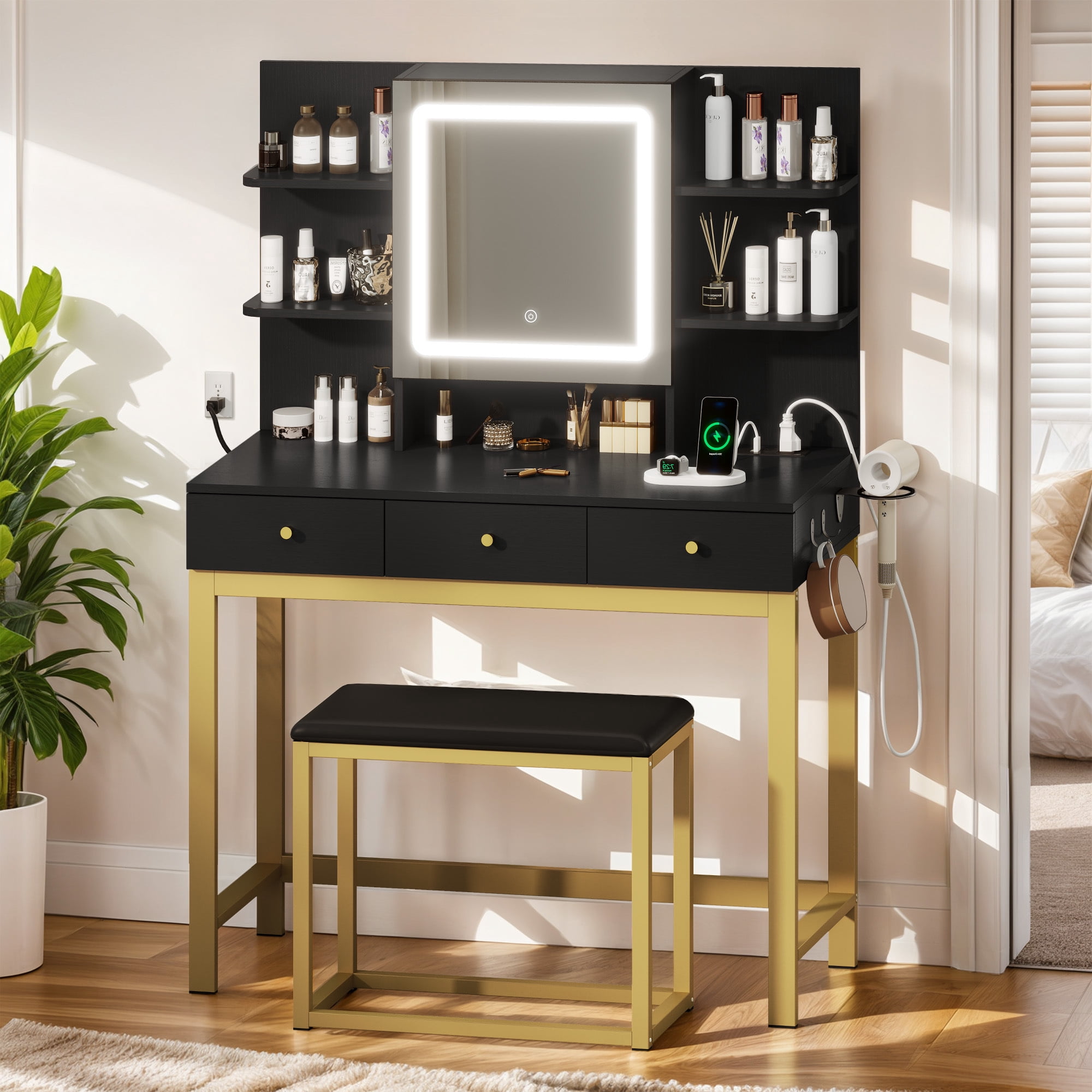 Uforic Makeup Vanity Set with LED Lighted Mirror, Makeup Desk with Drawers & Stool, Vanity Dressing Table with Hidden Storage Shelves, Makeup Dressing Table Set for Girls,Princess, Black