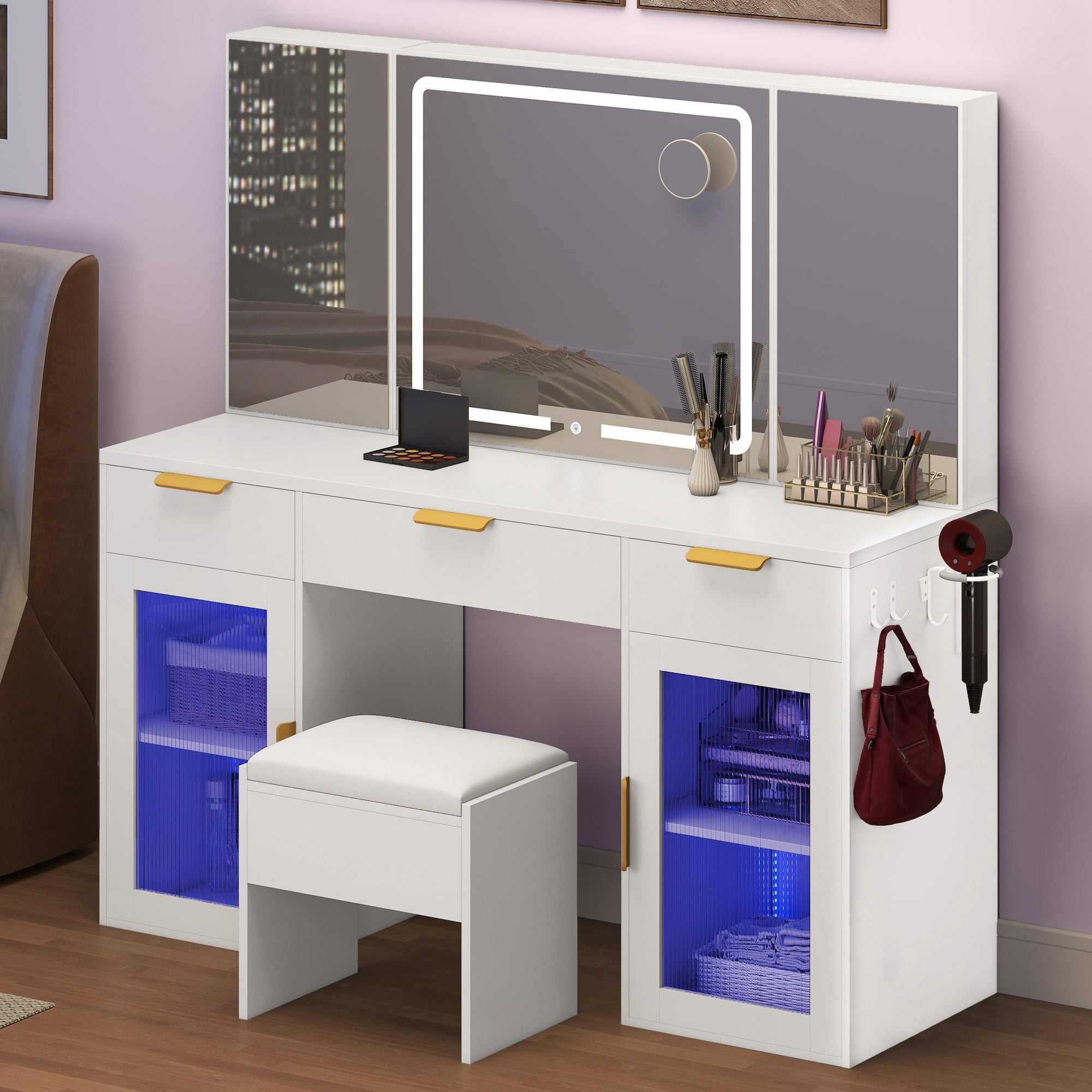 Uforic Makeup Vanity Set with LED Lights, Storage & Stool, White Finish