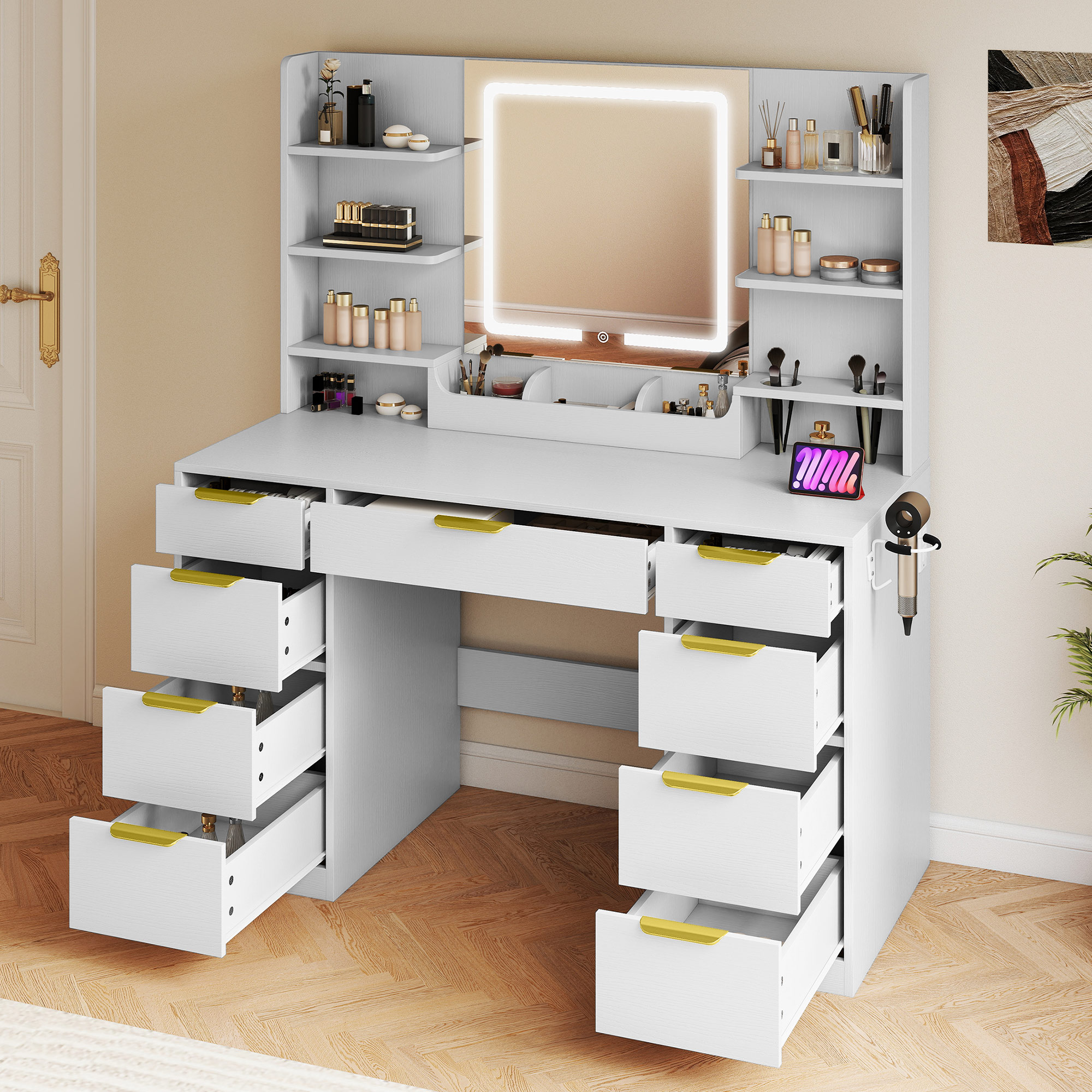 Uforic Makeup Vanity Table with Mirror and LED Light,Vanity Desk with Power Outlets, 9 Drawers, 6 Shelves - White
