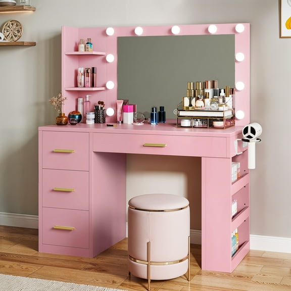 Uforic Makeup Vanity with 3 Color Lights & 3 Storage Shelves, Modern Vanity Makeup Desk, Pink