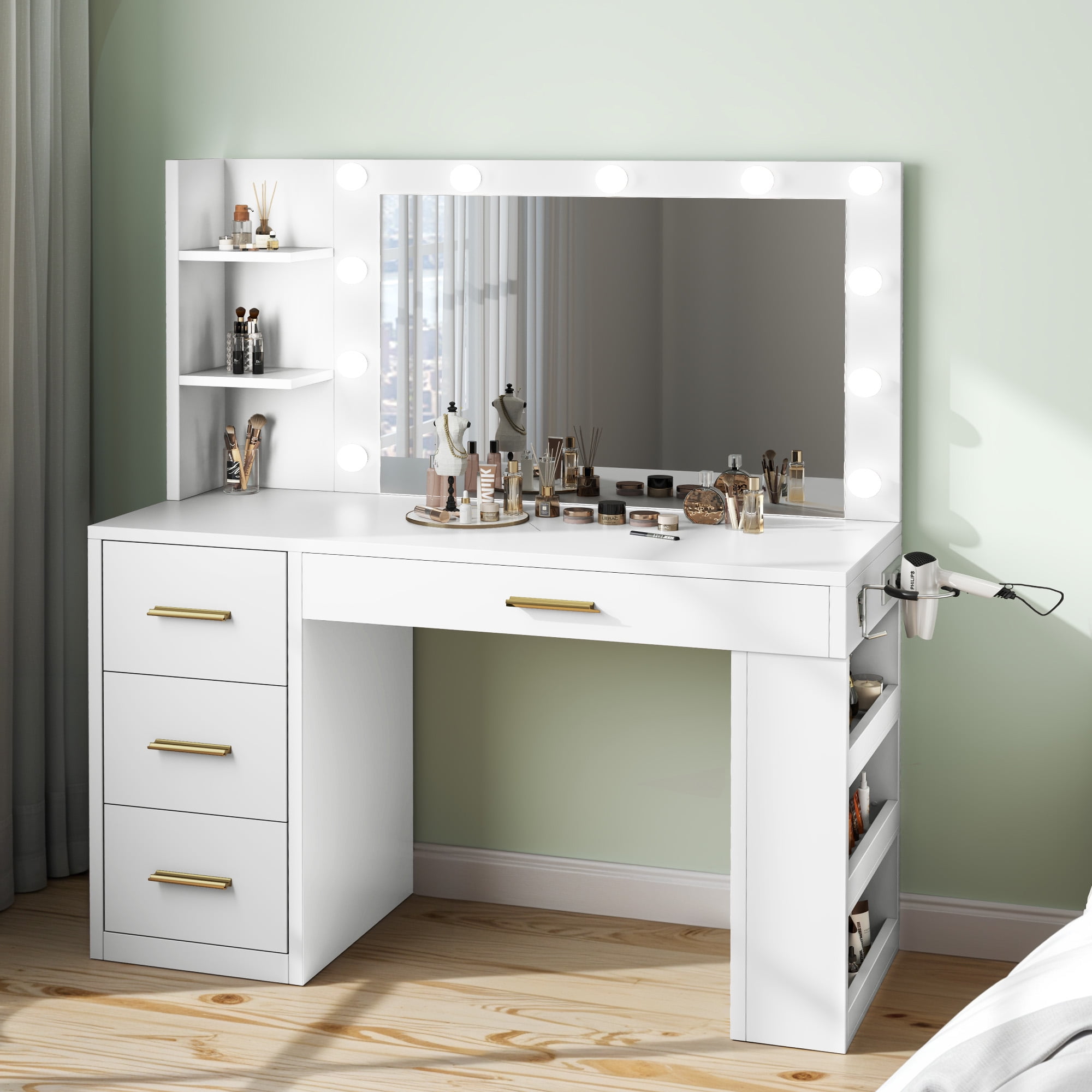 Uforic Adults' Makeup Vanity – Modern White Desk with 3-Color Lights, Storage Shelves, 4 Drawers & USB Charging Station