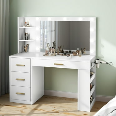 Uforic Adults' Makeup Vanity – Modern White Desk with 3-Color Lights, Storage Shelves, 4 Drawers & USB Charging Station