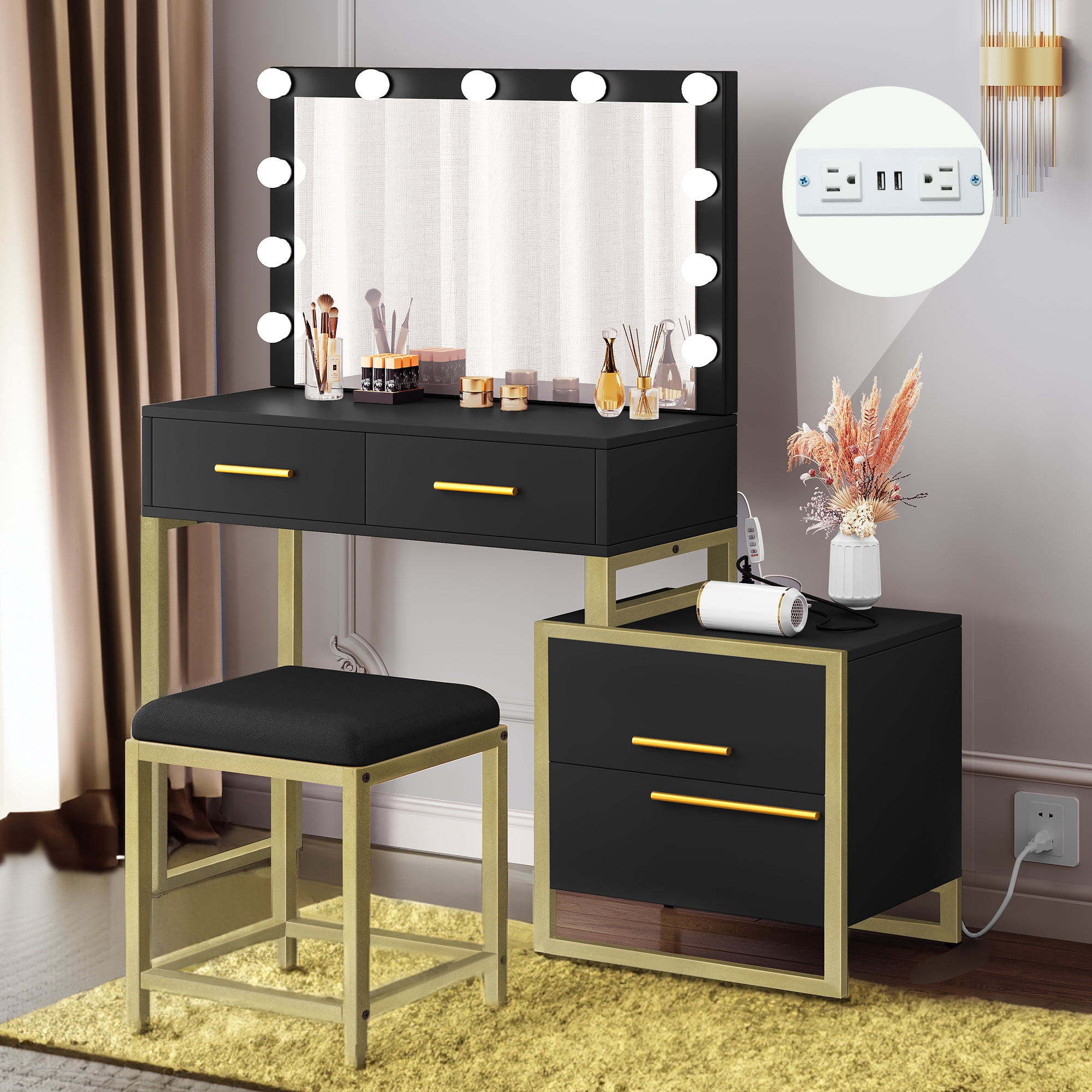 Uforic Black-Gold Makeup Vanity with Mirror and LED Lights