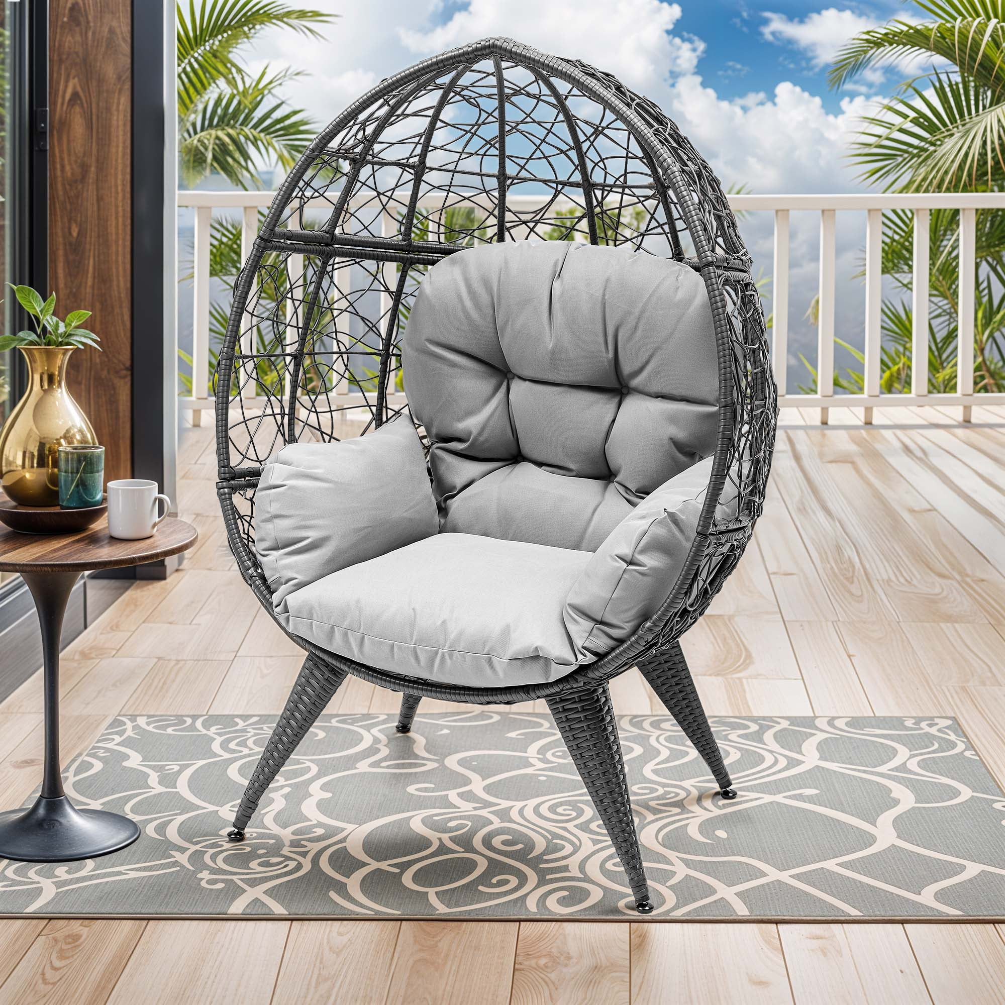 Uforic Oversized Wicker Egg Chair with Stand & Cushion, 330 Lb Capacity for Garden and Balcony, Gray