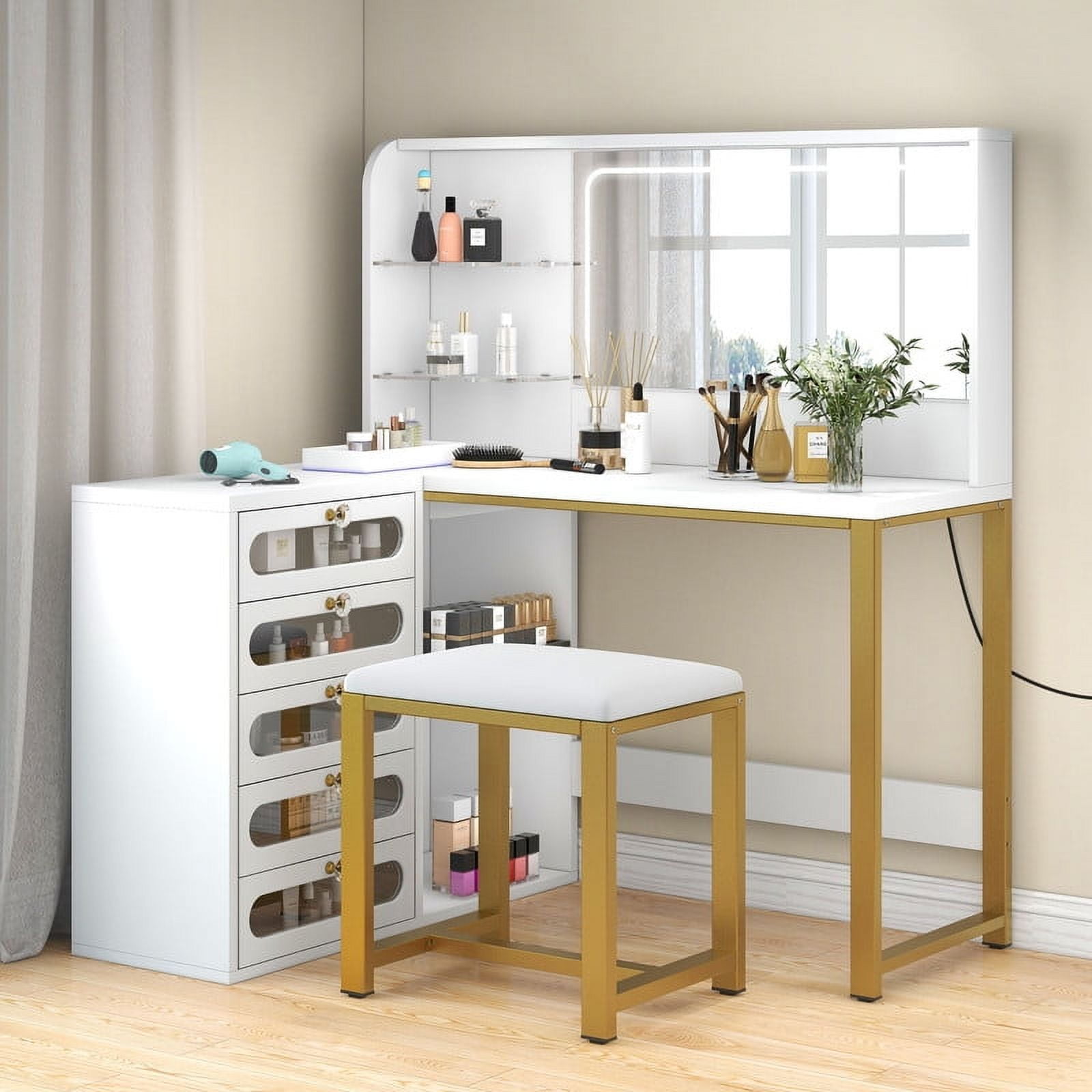 Uforic Makeup Vanity with Lighted Mirror, Modern Vanity Table Set with Stool, L Shaped Dressing Table with 5 Drawer for Bedroom, White