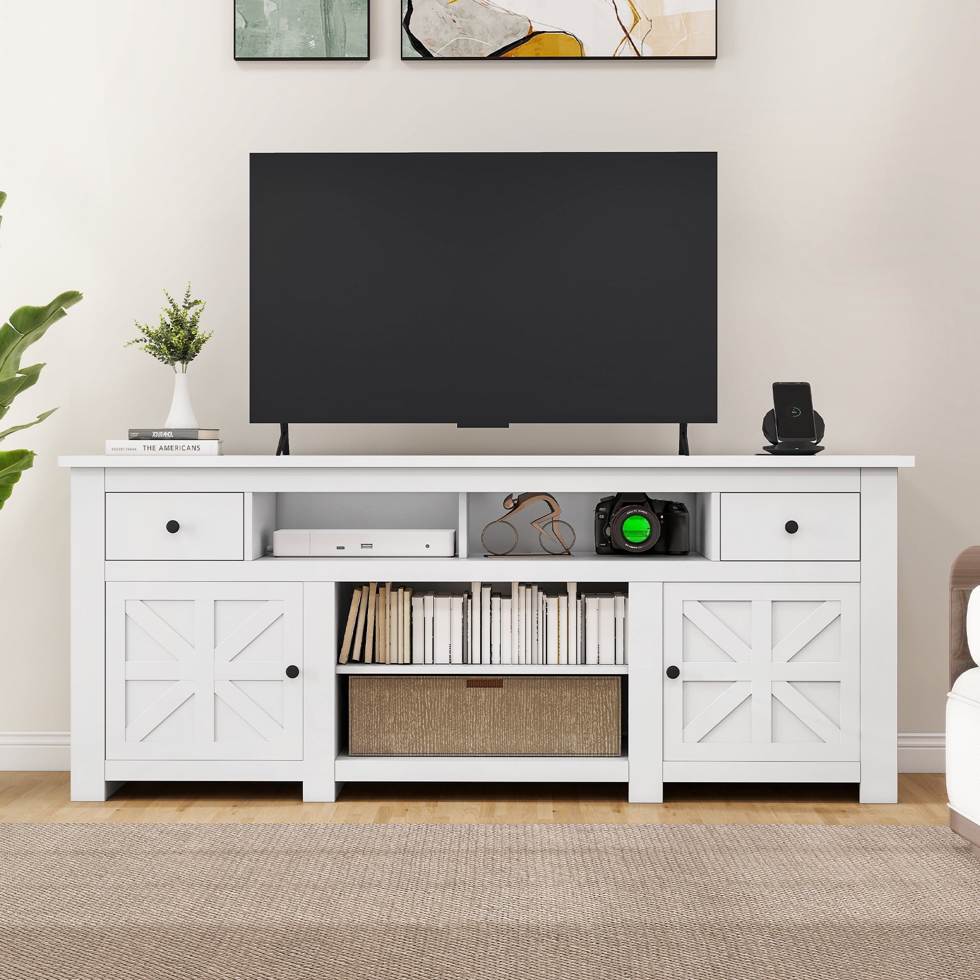 Uforic Media Console with Built-in Power Socket, 2 Shelves for Lounge