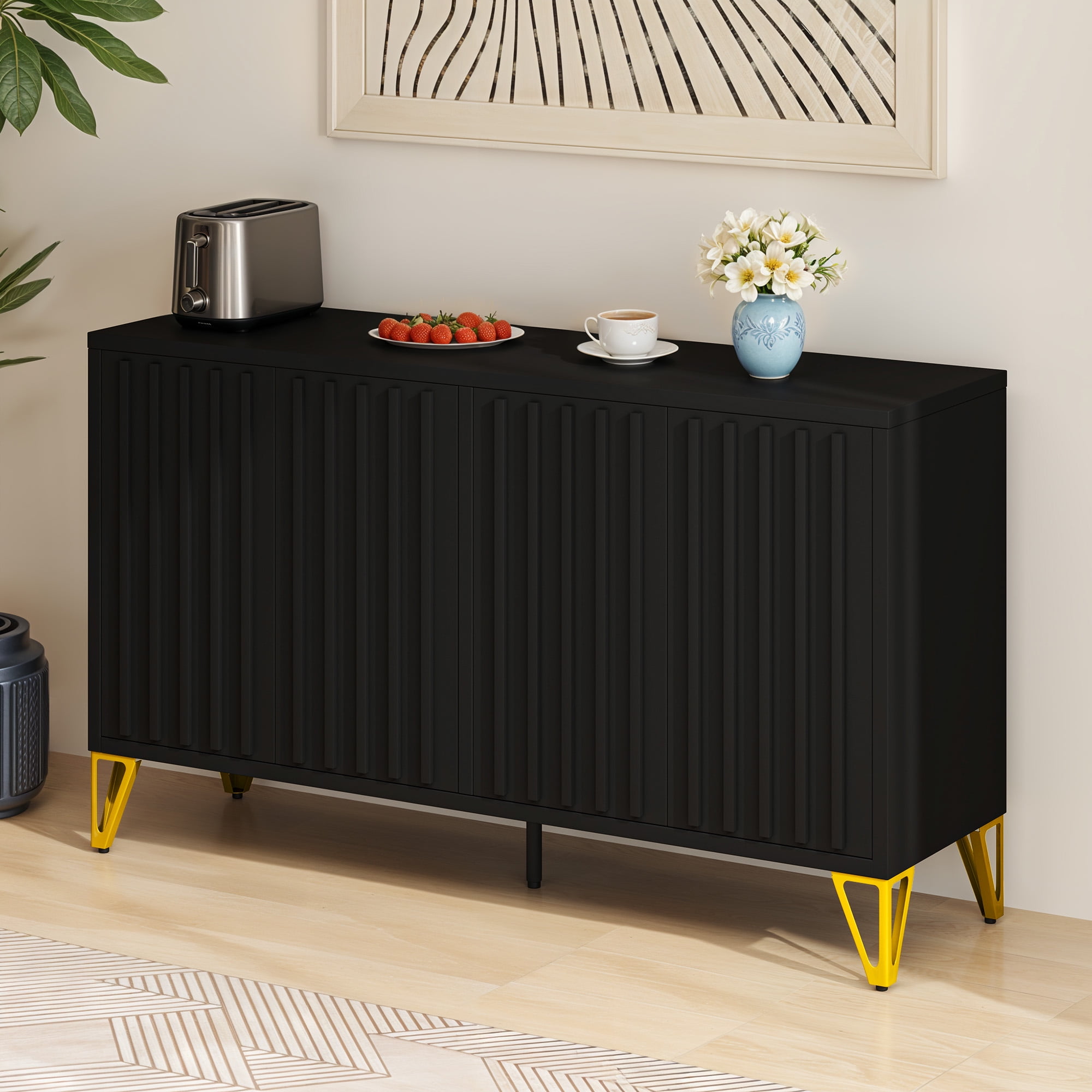 Uforic Metal 54.5" Kitchen Sideboard Cabinet with Shelves, Fluted Storage Cabinet with Doors, Black