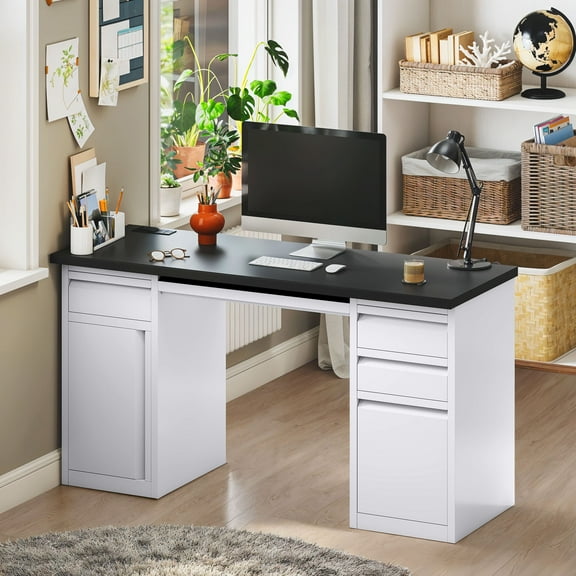 Uforic Metal Computer Desk with Drawers & Keyboard Tray, Office Desk with Power Outlets & File Storage, White