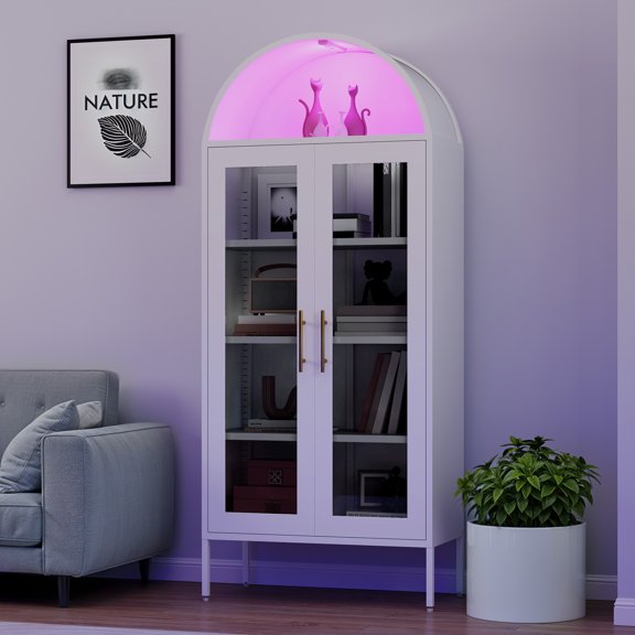 Uforic Metal Display Cabinet with LED Lights & Glass Doors, Arched Storage Cabinet, White