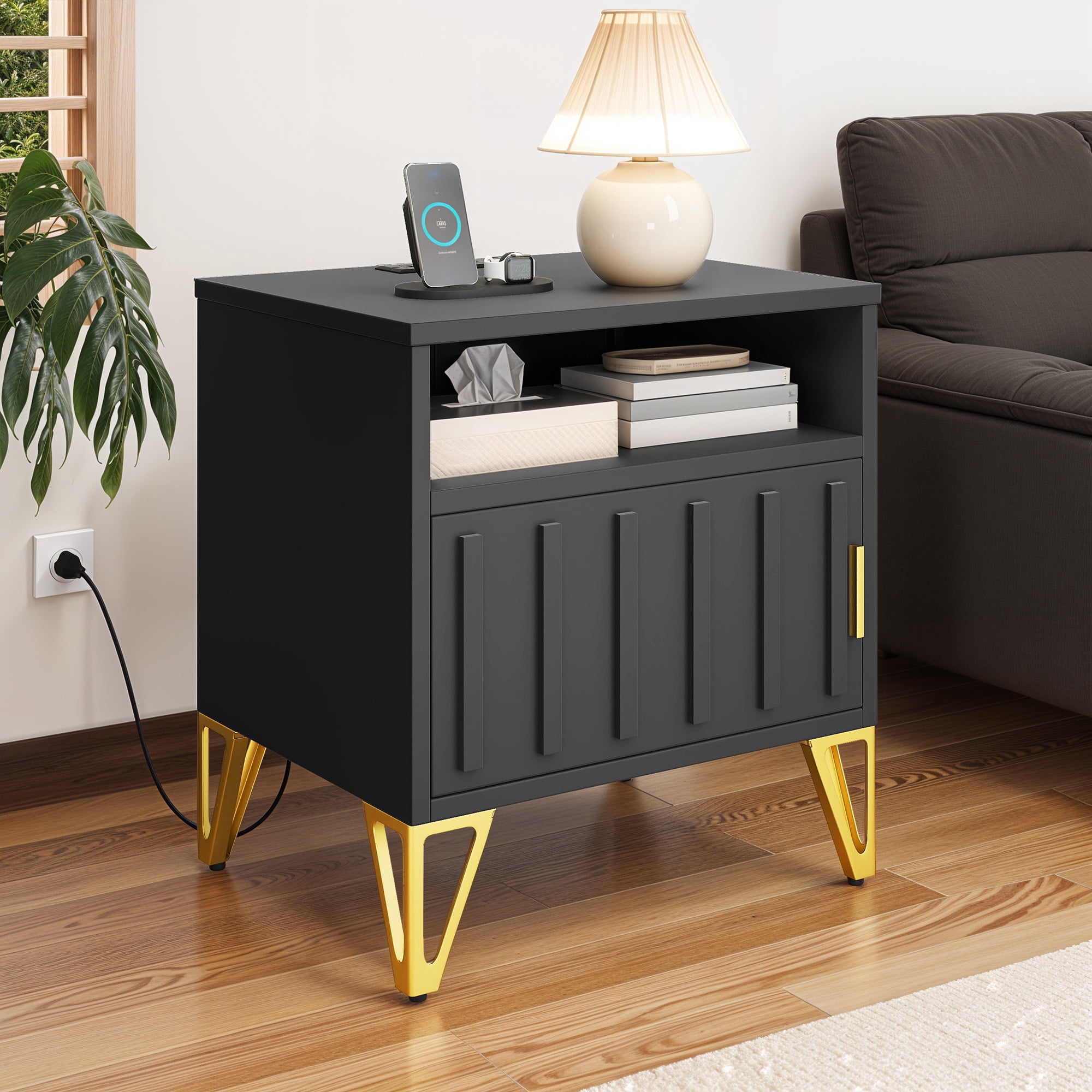 Uforic Metal End Table with Charging Station & Door for Living Room, Black