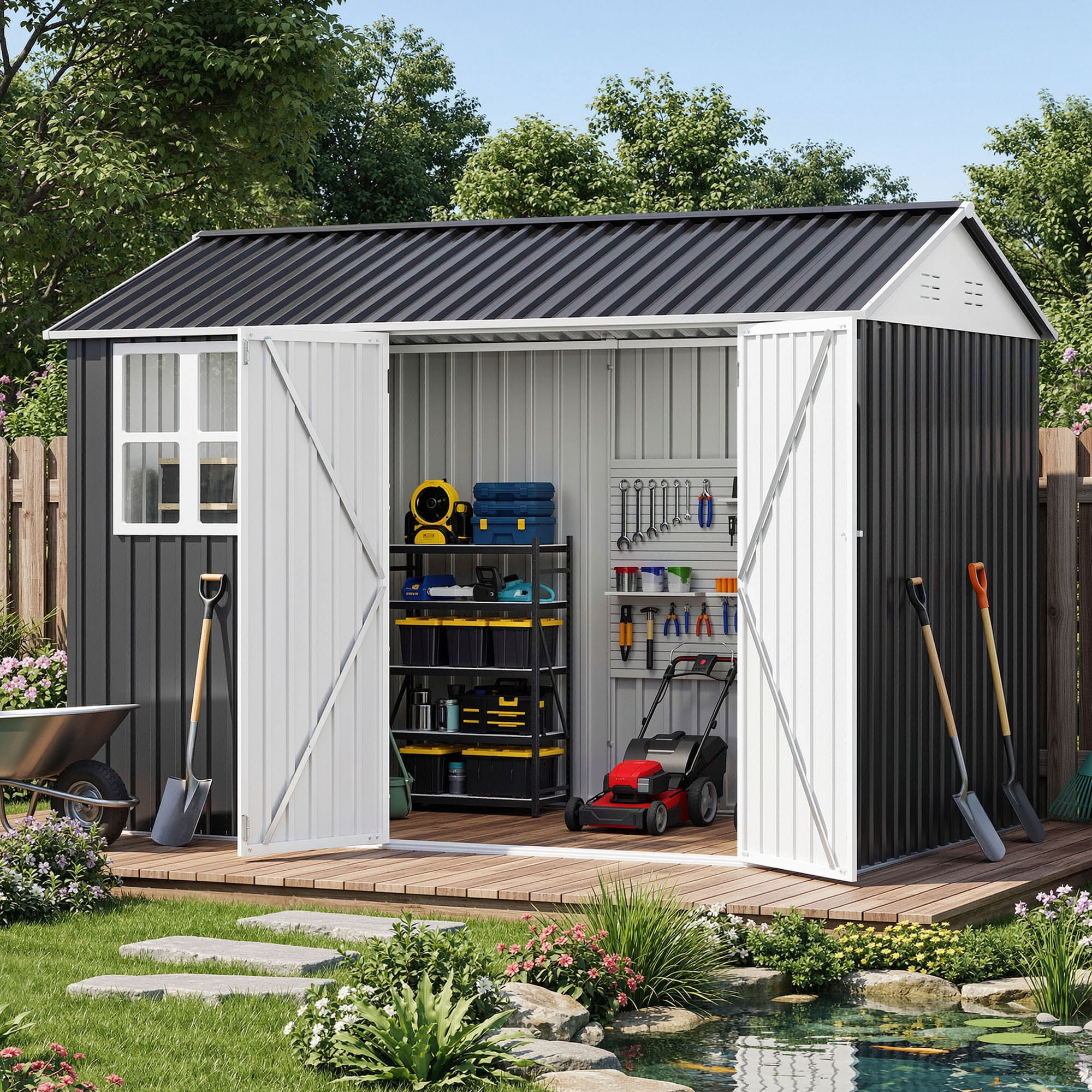 Uforic Metal Outdoor Storage Shed, 8x10ft Steel Tool Shed with Window, Lockable Door and Sloped Roof, for Backyard Patio Garage Lawn, Gray and White