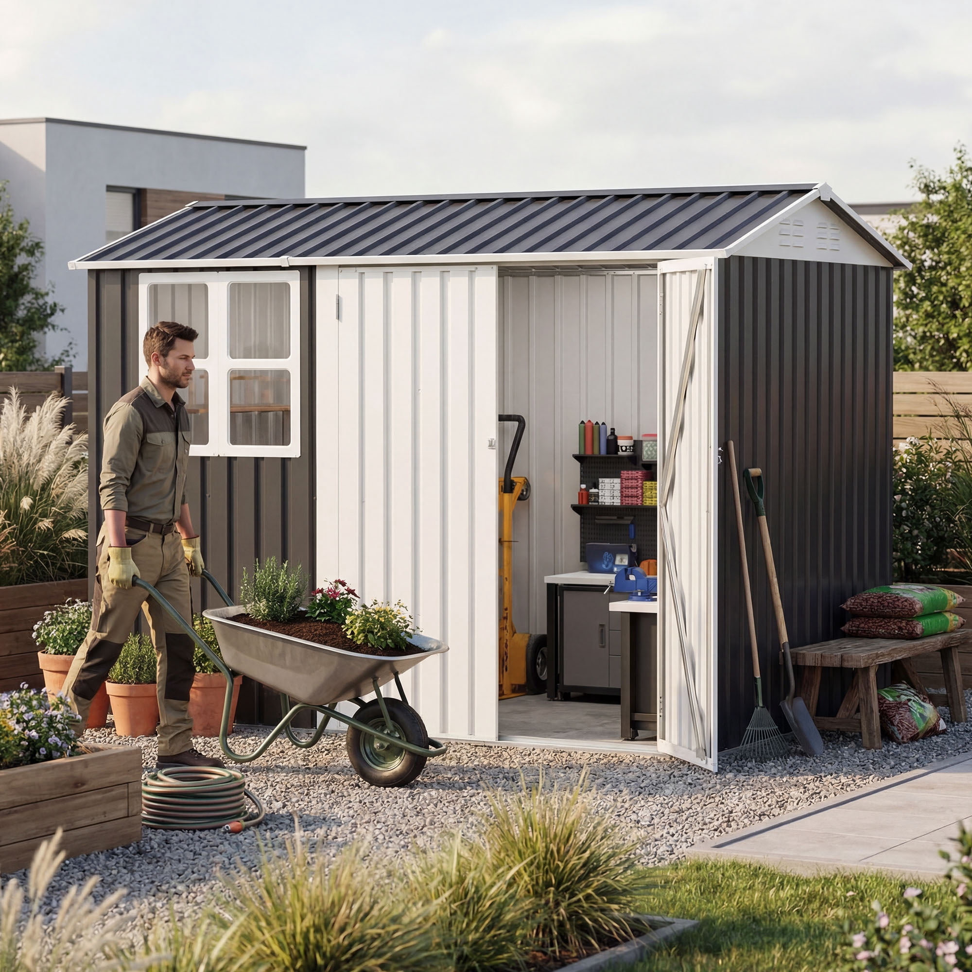 Uforic Metal Outdoor Storage Shed, 8x6ft Steel Tool Shed with Window, Lockable Door and Sloped Roof, for Backyard Patio Garage Lawn, Gray and White