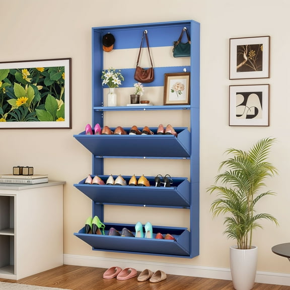 Uforic Metal Shoe Cabinet with 3 Flip Drawers, Wall Mount Shoe Organizer with Coat Rack, White