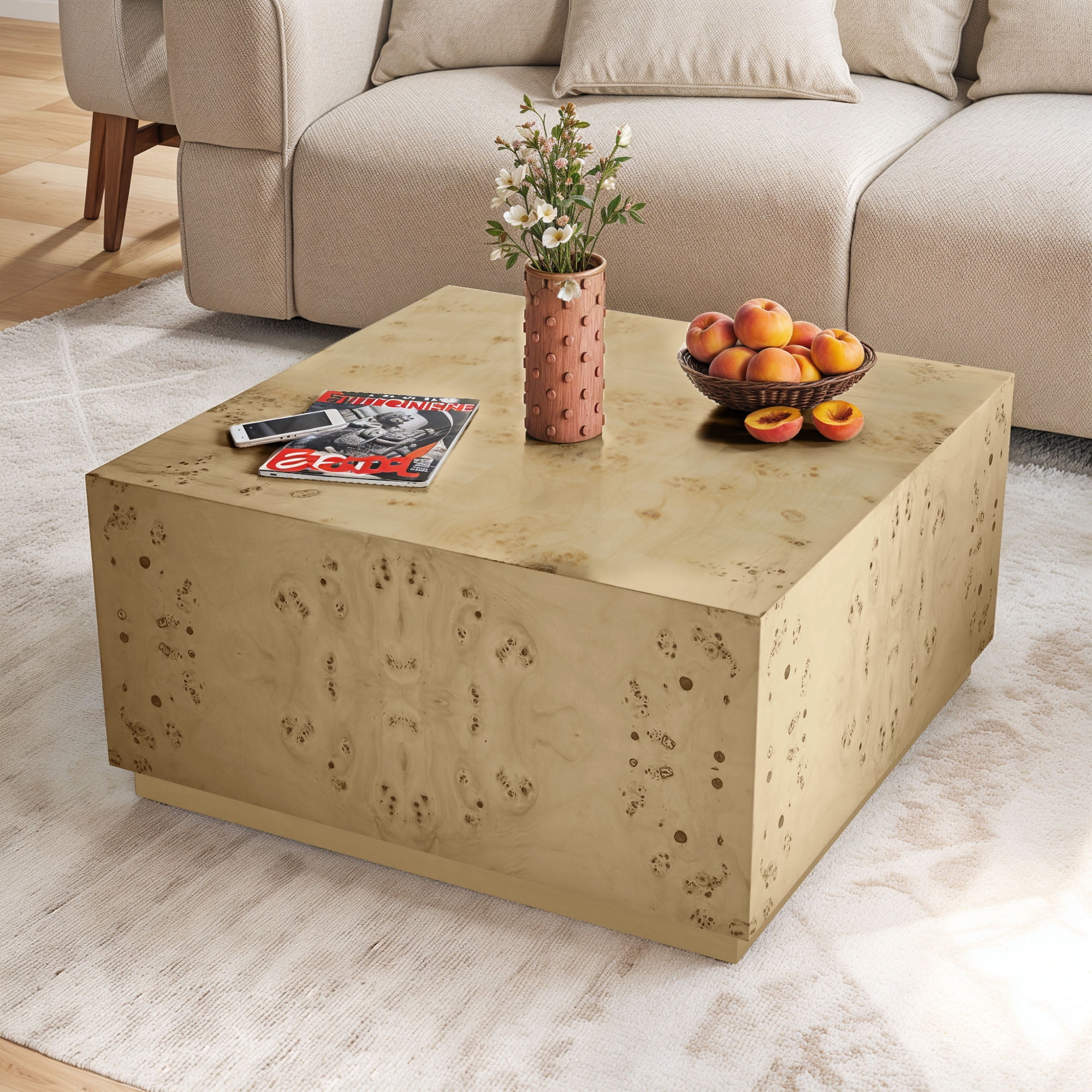 Uforic Minster Square Coffee Table, Exquisite Burl Wood Craftsmanship, Unique Grain Patterns, Modern Aesthetic, Spacious Surface, and No Assembly Required