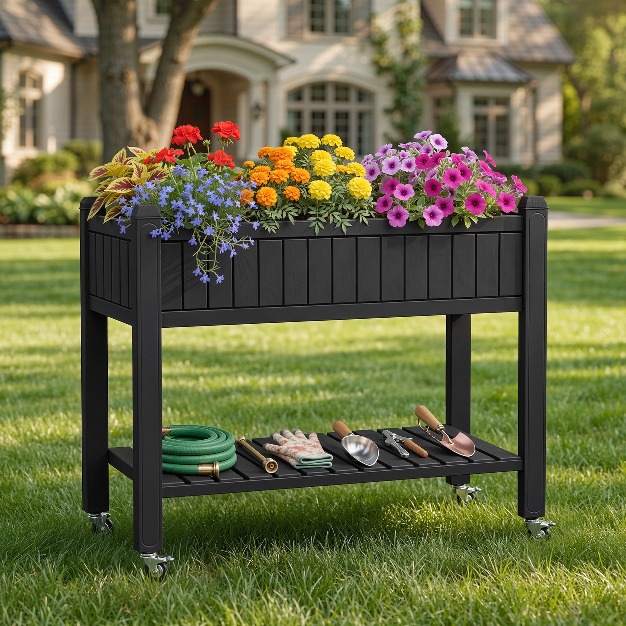 Uforic Mobile Raised Garden Bed 42.5x17.3x35.4 in, Elevated Plastic Planter Box with Drain Plug, Storage Shelf & Wheels, Black