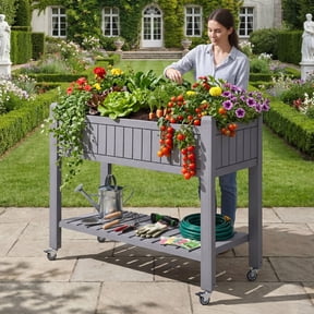 Uforic Mobile Raised Garden Bed 42.5x17.3x35.4 in, Elevated Plastic Planter Box with Drain Plug, Storage Shelf & Wheels, Light Brown