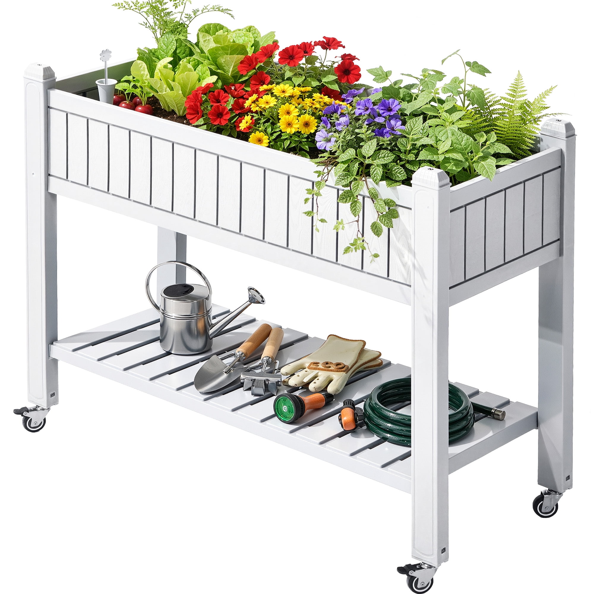 Uforic Mobile Raised Garden Bed 42.5x17.3x35.4 in, Elevated Plastic Planter Box with Drain Plug, Storage Shelf & Wheels, Sliver