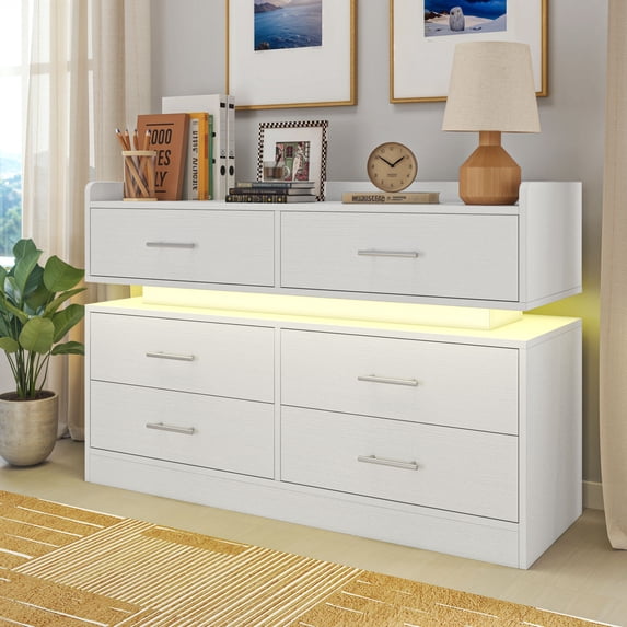 Uforic Modern 6-Drawer Double Dresser with LED Lights, Chest of Drawer for , White