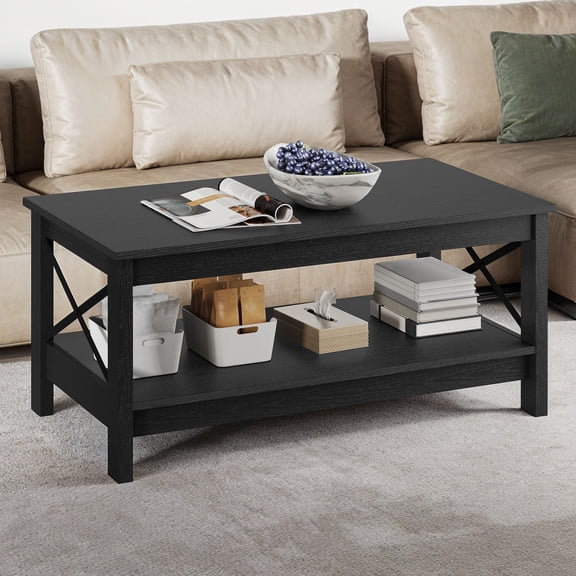 Uforic Modern Black Coffee Table for Living Room with X-Shaped Reinforced Frame and Storage Shelf, Sturdy Leg Support & Easy Clean Tabletop