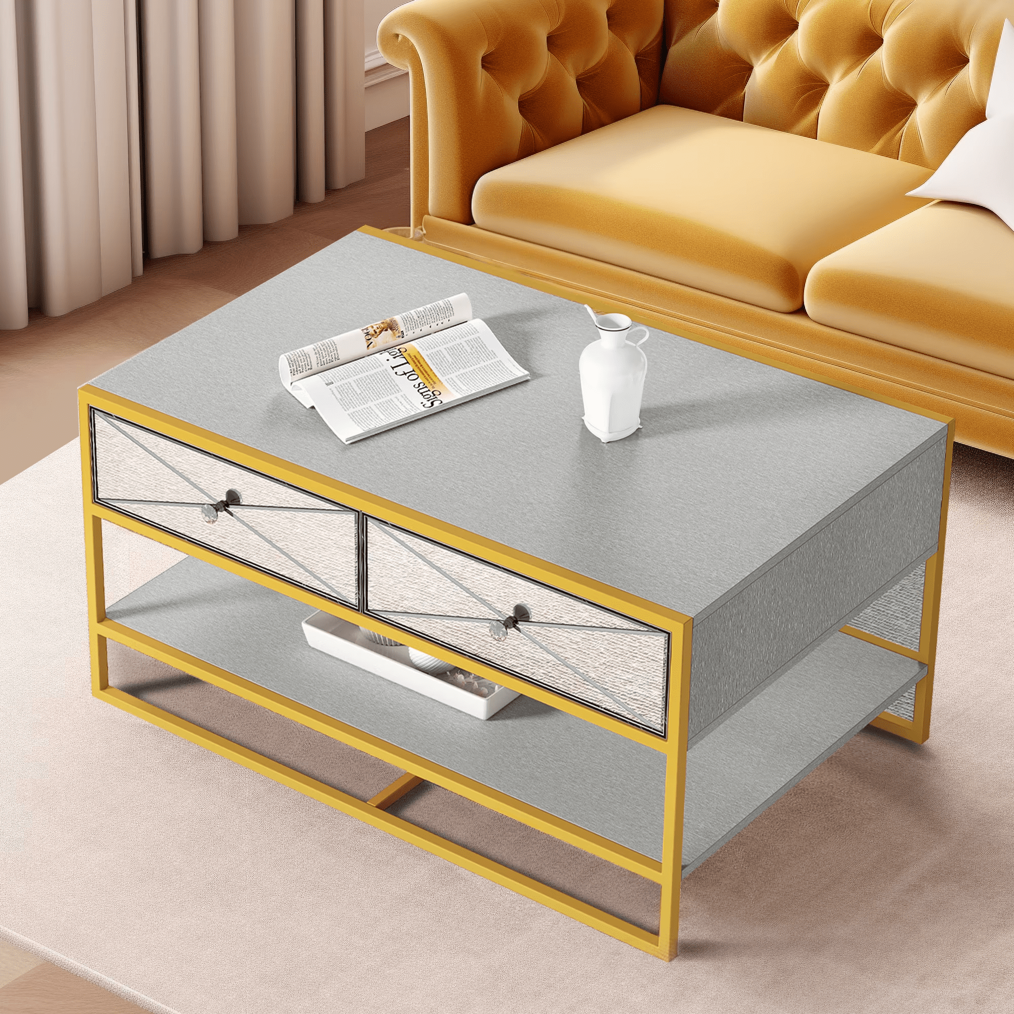 Uforic Modern Coffee Table with 2 Drawers and Open Shelf, Mirrored Rectangle Coffee Table, Mirrored Center Table for Living Room