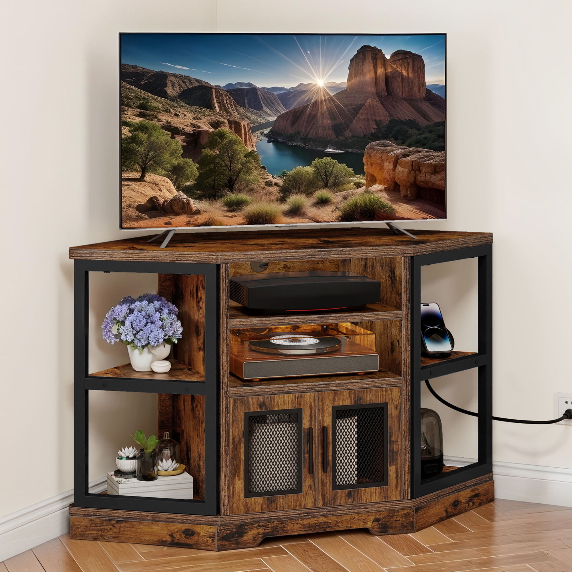 Uforic Modern Corner TV Stand with Adjustable Layer Board, Double Door Mesh Cabinet & 96-Hole Metal Handle, with 2 Outlets 2 USB Ports Power Socket,Brown