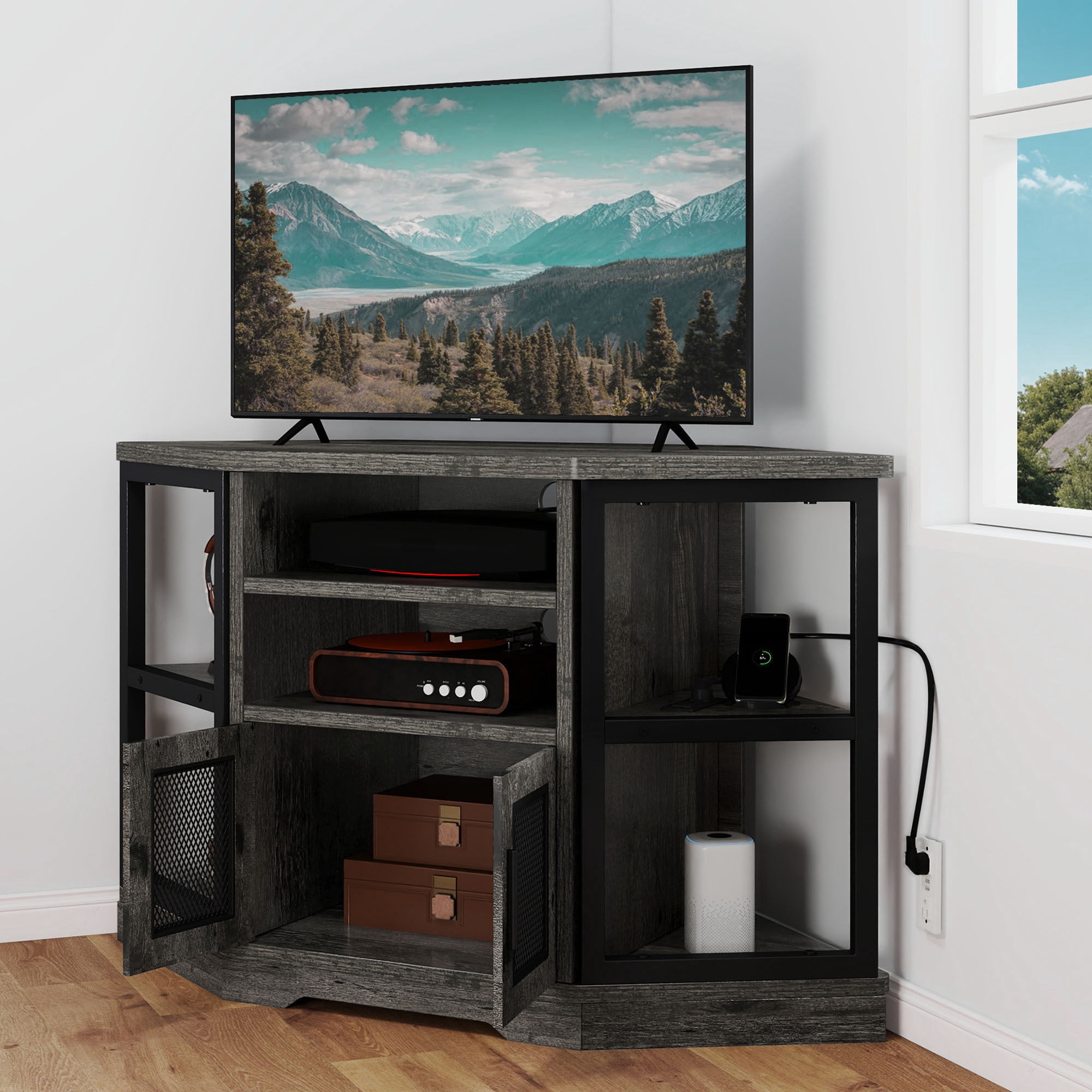 Uforic Modern Corner TV Stand with Adjustable Layer Board, Double Door Mesh Cabinet & 96-Hole Metal Handle, with 2 Outlets 2 USB Ports Power Socket, Gray