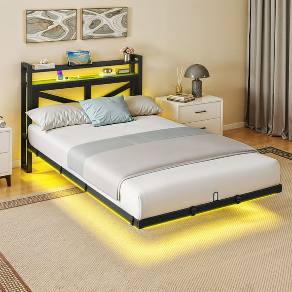 Uforic Modern Floating Bed Frame, Twin Size Bed Platform with 2-tier Storage Headboard, Noiseless Metal Frame, Built-in Power Hub, and LED Lights, Black