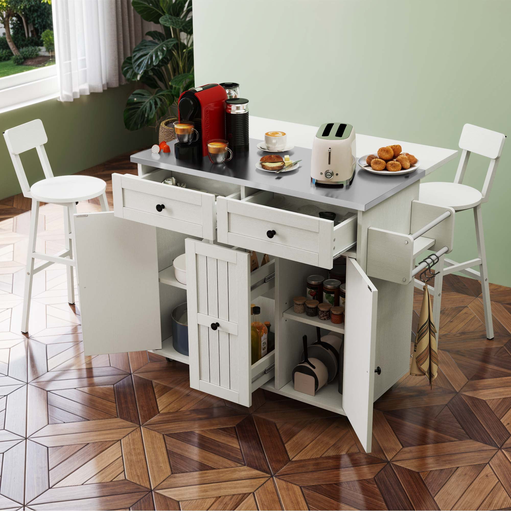 Uforic Modern Kitchen Island Table with 2 Chairs, Kitchen Island with Wheels & Large Storage, White